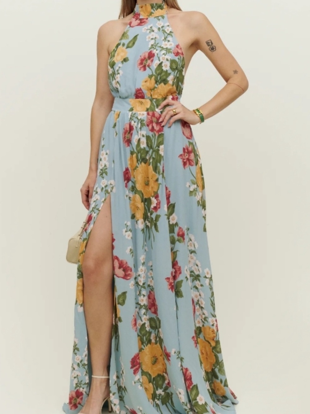 Reformation Light Blue Floral Halter Maxi Dress with Yellow & Pink Blooms
